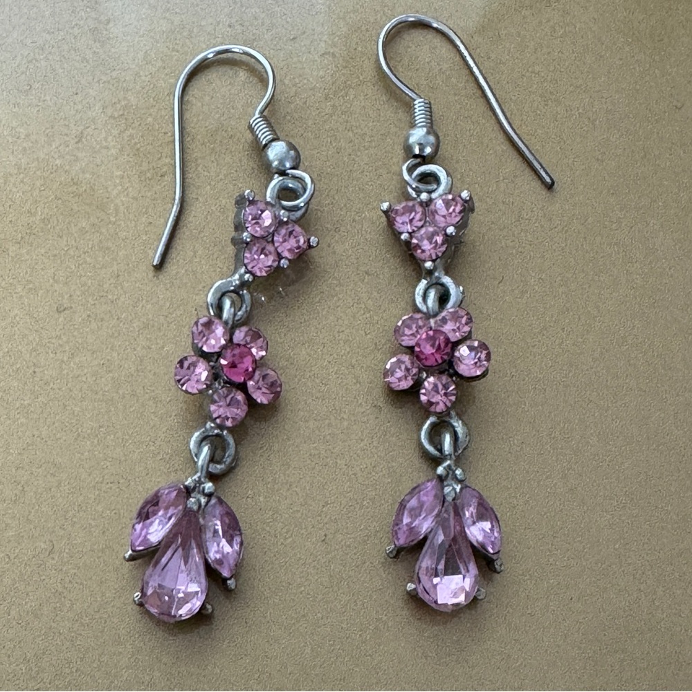 Pink Rhinestone Dangle Earrings - Picture 3 of 6